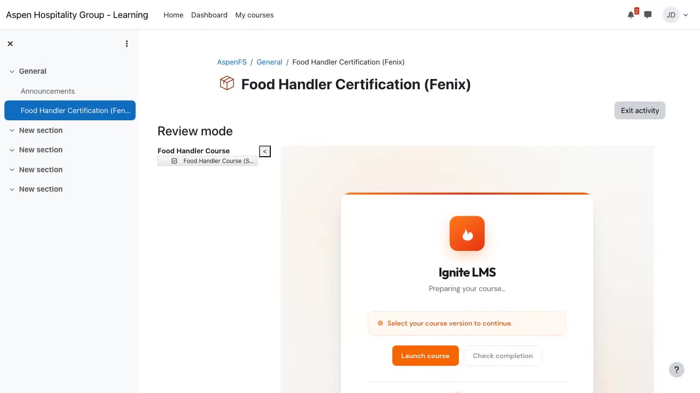 A Fenix course running inside a Moodle LMS