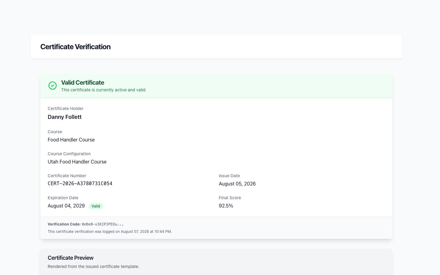 Public certificate verification page